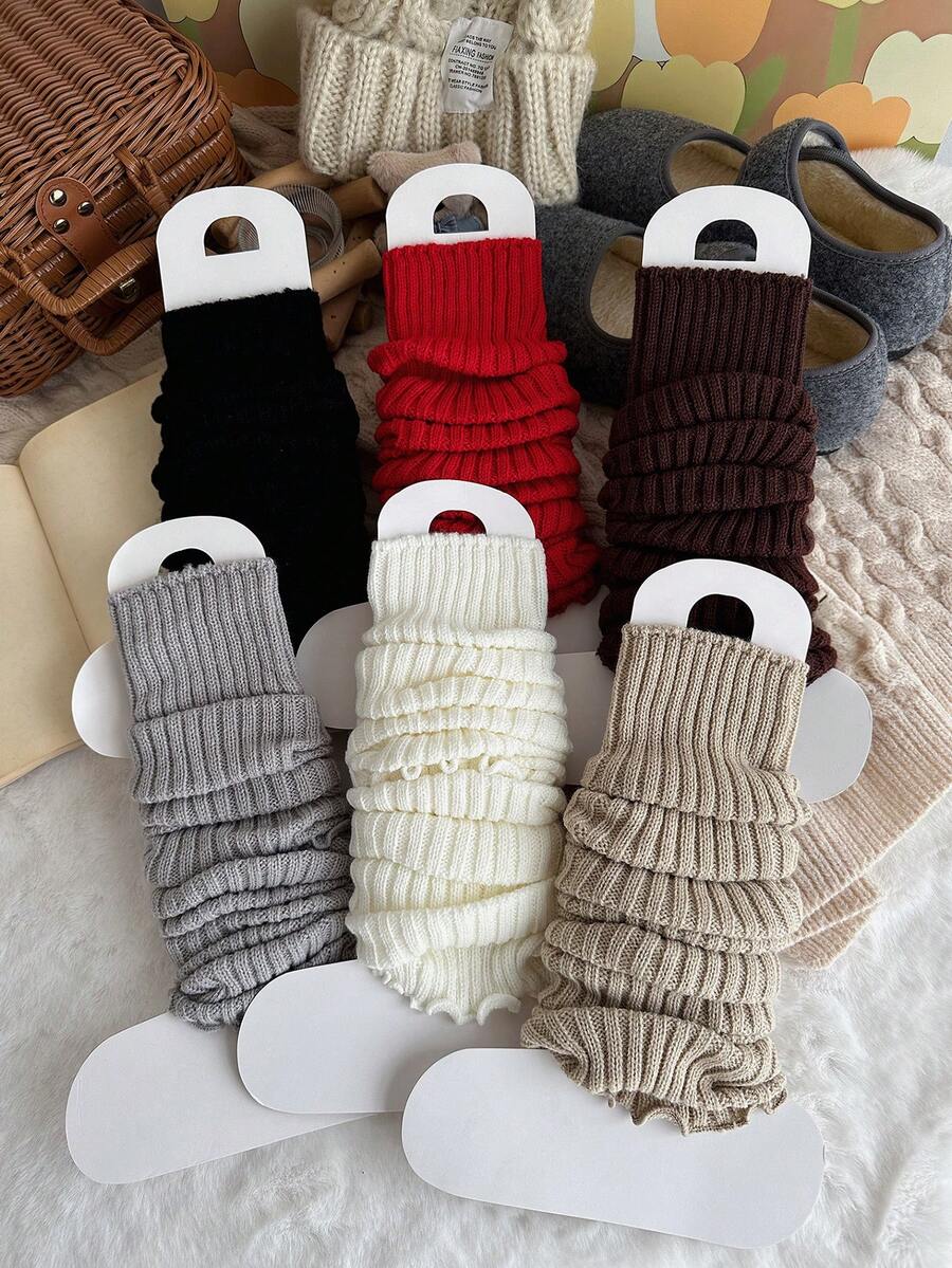 3/5 Pairs Random Women's Solid Color Ribbed Ruffle Edge High Elastic Warm Soft Knit Socks, Preppy Style, Suitable For Winter Daily Wear - Multicolor - View 1