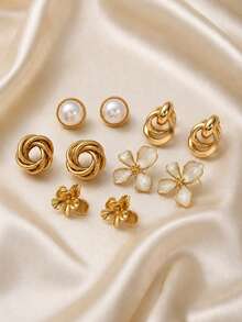 5 Pairs Gold Metal Earrings Set, Including Interlocking Circles, Twisted Knots, Round Faux Pearls, 3D Flowers And Enamel Flower Studs, Elegant Daily Commute Jewelry For Women, Perfect Gift - Gold - View 1