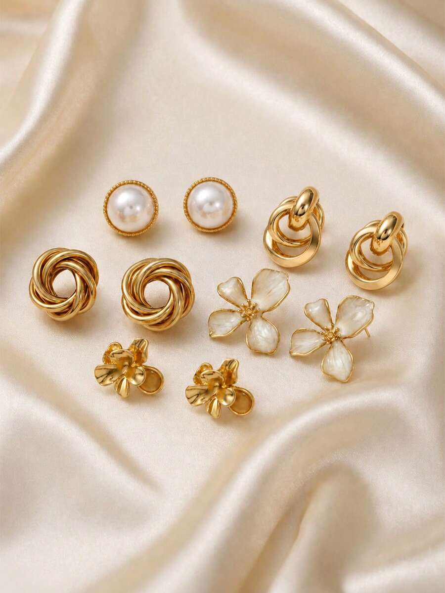 5 Pairs Gold Metal Earrings Set, Including Interlocking Circles, Twisted Knots, Round Faux Pearls, 3D Flowers And Enamel Flower Studs, Elegant Daily Commute Jewelry For Women, Perfect Gift - Gold - View 1