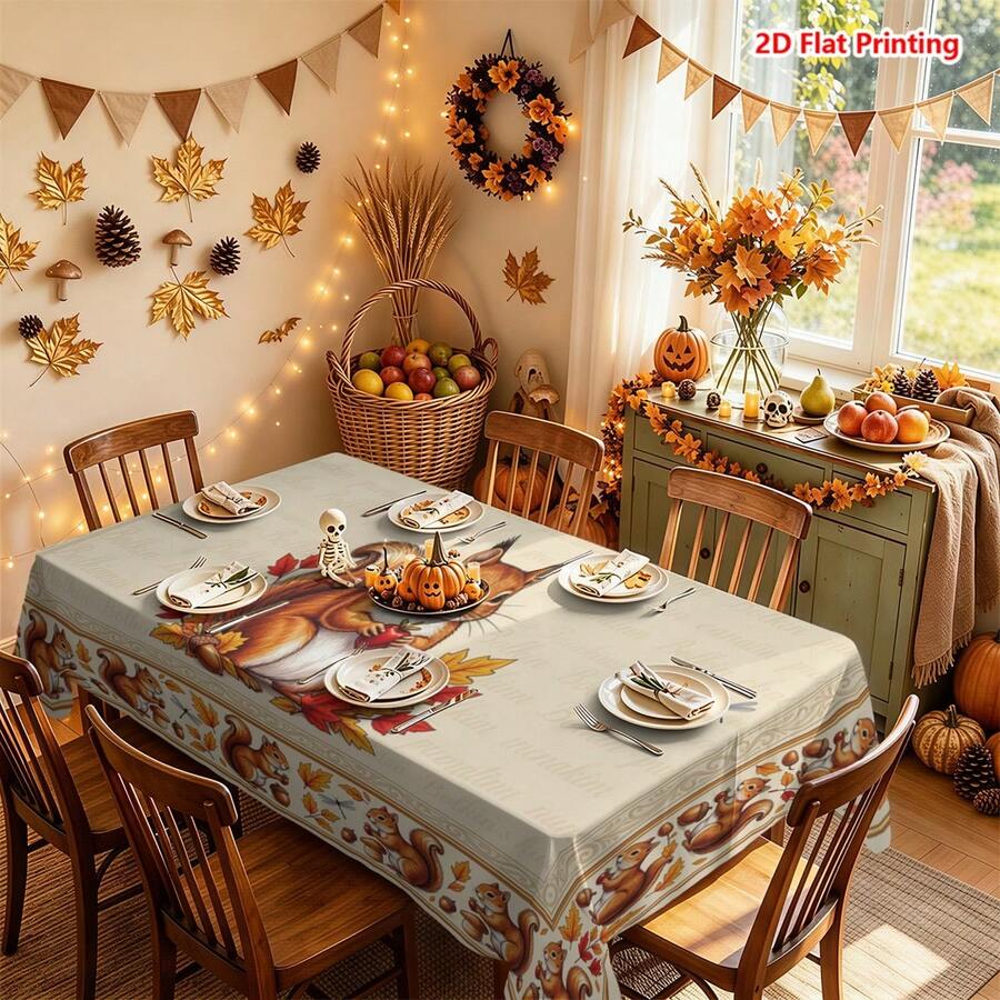 1/2pcs Autumn Tablecloth, Autumn Squirrel Theme Polyester Tablecloth, Pastoral Hand-Painted Squirrel Acorn Maple Leaf Pattern, Suitable For Dining Room Table, Coffee Table, Kitchen, Picnic, Camping, Country Farmhouse Decoration, Tabletop Protection And Autumn Holiday Atmosphere - Multicolor - View 1