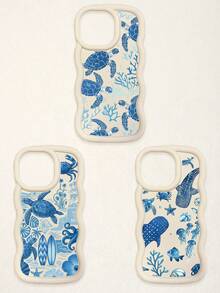 3 Pcs Wavy White Edge Ocean Sea Turtle Print Phone Case, Blue Tone Underwater Creature Illustration Soft Shell, Thickened Wavy Frame Full Coverage Anti-Drop TPU Phone Cover, Ins Vacation Style Niche Fresh Digital Accessory; Suitable For Valentine's Day, Easter, Mother's Day, Father's Day, Independence Day, Halloween, Thanksgiving, Christmas, New Year, Birthday, Back To School Gifts, Compatible With IPhone 17/17 Pro - Multicolor - View 51