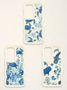 3 Pcs Wavy White Edge Ocean Sea Turtle Print Phone Case, Blue Tone Underwater Creature Illustration Soft Shell, Thickened Wavy Frame Full Coverage Anti-Drop TPU Phone Cover, Ins Vacation Style Niche Fresh Digital Accessory; Suitable For Valentine's Day, Easter, Mother's Day, Father's Day, Independence Day, Halloween, Thanksgiving, Christmas, New Year, Birthday, Back To School Gifts, Compatible With IPhone 17/17 Pro - Multicolor - View 15
