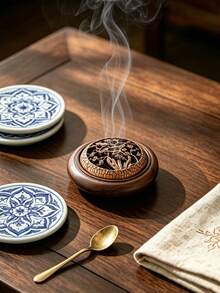 Round Wooden Incense Burner Hollow Cover Classic Floral Carved Wood Censer For Home Fragrance Meditation Yoga Bedroom Decor For Oud Bakhoor Frankincense Ramadan Gift - Multicolor - View 18