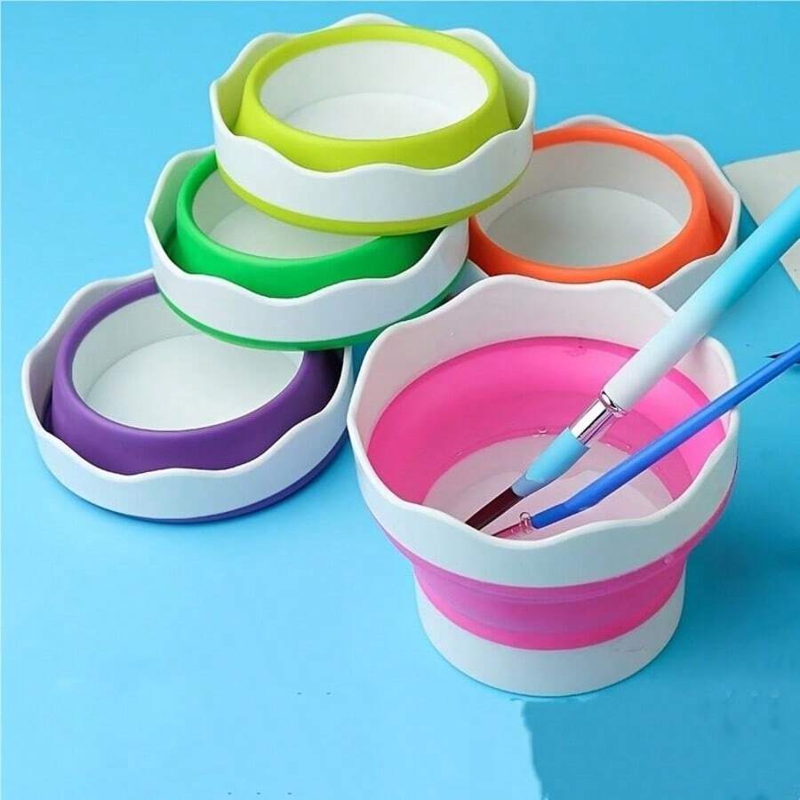3pcs Silicone Brush Wash Bucket And Paintbrush | Compact, Universal, Soft & Durable, Easy To Clean, Suitable For Outdoor Sketching/Studio/Home Use, Multi-Functional