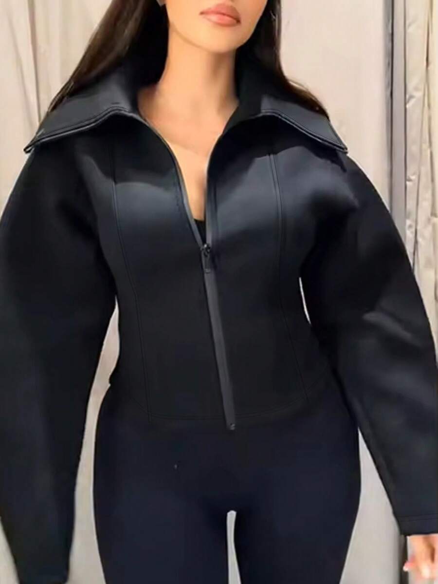 Women's Elegant Personalized Versatile Long Sleeve Waist-Cinching Short Jacket, Solid Color