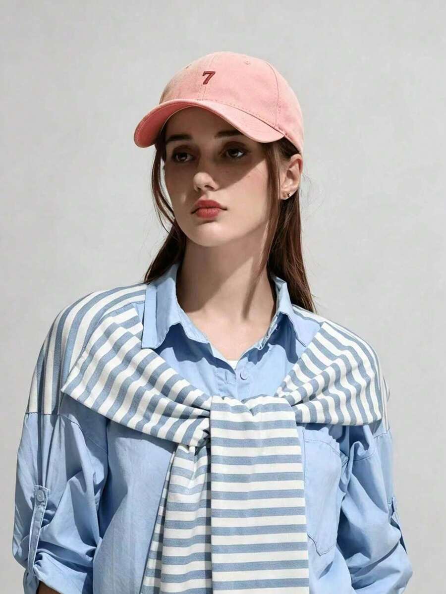 1件女款刺繡7號棒球帽,寬帽簷高帽頂小眾百搭修臉大頭圍棒球帽,男士適用 - 粉色 - 查看 1