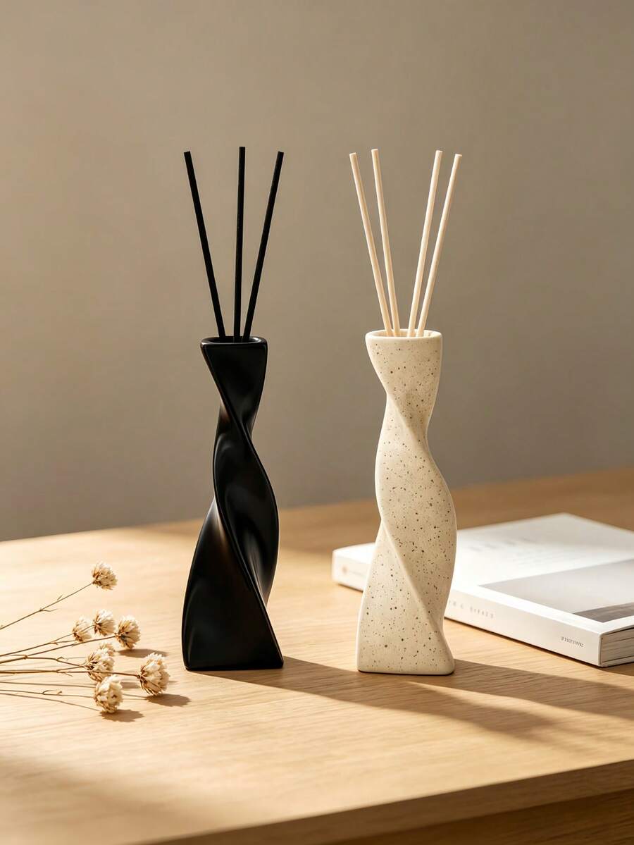 1pc Twisted Diffuser Bottle, Modern Minimalist Black & Beige Spotted Empty Aromatherapy Diffuser Vase, Home Decor For Bedroom And Living Room - Distorted - View 1