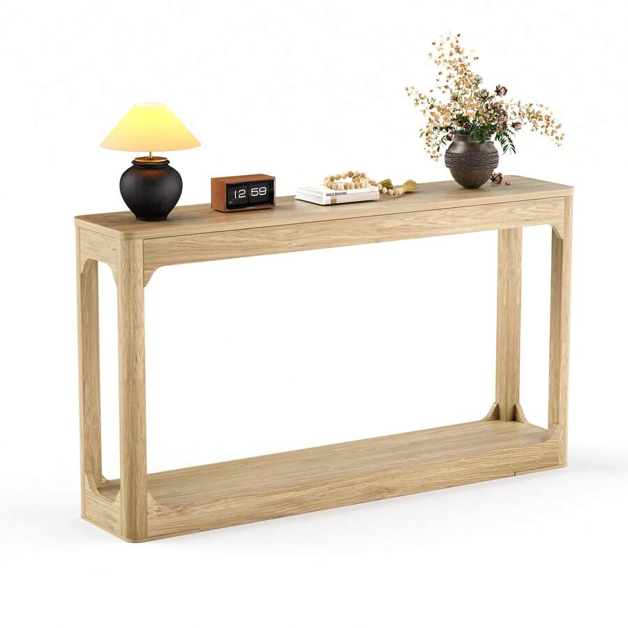 140cm langer, geschwungener Beistelltisch mit Stauraum, ein zweistöckiger Stauraumtisch für hinter dem Sofa, ideal für den Bereich hinter dem Sofa, den Eingangsbereich, den Flur und die Diele. Naturholzfarbe - Verschiedenfarbig - Übersicht 1