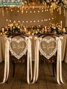 Custom Heart-Shaped Lace Chair-Back Decorations And Personalized Translucent Chair Back Signs (With Satin Ribbons); Suitable For Bridal Showers, Wedding Receptions, And Venue Styling At Hotels Or Outdoor Locations. - Multicolor - View 4