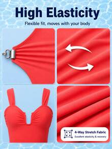 HOTTIE HABIT Women's Red U-Neck Ruched Bust Wide Strap One-Piece Swimsuit, High Cut Solid Color One-Shoulder Swimwear, Suitable For Summer Beach Pool Vacation - Red - View 10