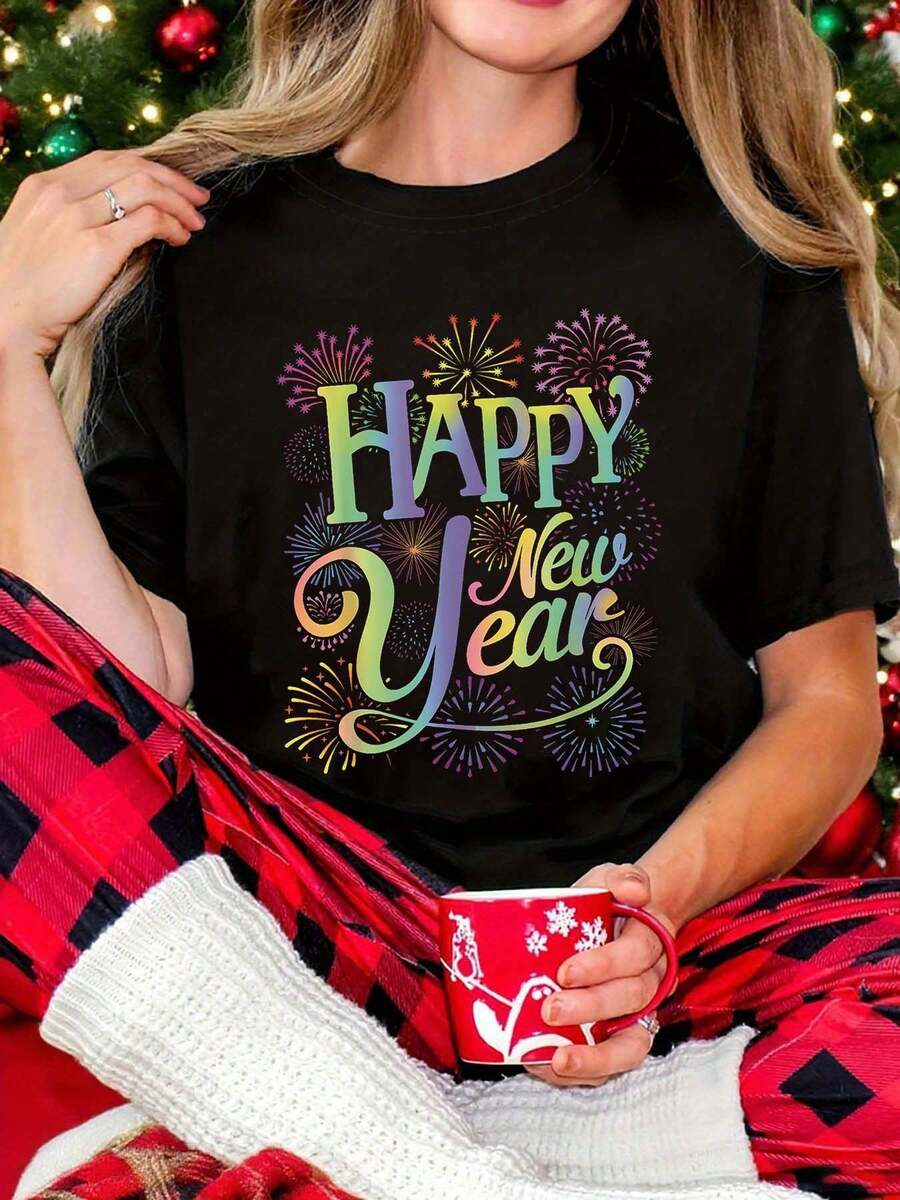 Plus-Size Short-Sleeve T-Shirt With A Firework Print, Perfect For Celebrating The New Year.This Comfortable And Stylish Printed Top Is - 黑色 - 查看 1
