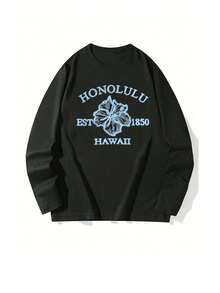 Vintage Hawaiian Honolulu Print Long Sleeve T-Shirt, Hibiscus Retro Pattern Casual Crew Neck Women's Long Sleeve Top - Black - View 2