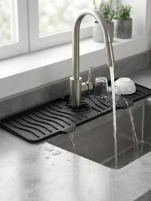 1pc Silicone Faucet Drip Tray, Foldable Sink Splash Guard Drainage Mat, Non-Slip Waterproof Countertop Protector, Suitable For Home Kitchen Sink, Bathroom Vanity, RV Bathroom, Farmhouse Bar Countertop And Cleaning Storage - Black - View 9