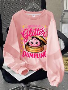 Sweet Cute Casual Cartoon Dumpling Print Crew Neck Sweatshirt + Versatile Cargo Pants, 2pcs Set For Daily Autumn/Winter Wear - Pink - View 4