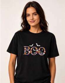 Spooky BOO Bat Pumpkin Unisex Halloween T-Shirt, Autumn Tops With Delicate Holiday Graphic Print - 黑色 - 查看 3