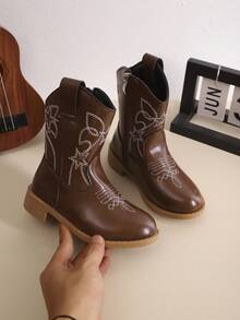 Kids Fashion Casual Outdoor Western Cowboy Boots, Embroidered Design Vintage Boots, Autumn/Winter Knight Ankle Boots - Rust Brown - View 2