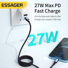 ESSAGER Cable de datos USB-C a iOS de 20W/27W, carga rápida con pantalla digital de potencia, adecuado para transferencia de datos de teléfono, velocidad máxima de hasta 480Mbps - Negro - Ver 5