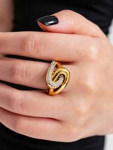 Women's Ring, Stainless Steel Cast With Rhinestone Inlay, 18K Gold Plated, 3D Design, Casual Daily Style, Women's Jewelry - Yellow Gold - View 2