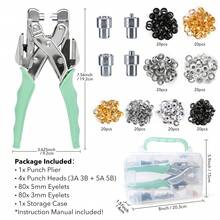 3/16 & 1/8 Grommet Tool Kit And Eyelet Hole Punch Plier, Grommet Eyelet Pliers Tool Set With 160 Pcs Metal Grommets Eyelets And Case For Leather Bags Clothes Belt Cards And Crafts - A - View 13