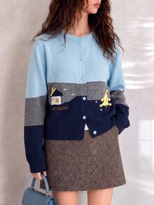 Cardigan Rajut Leher Bulat Minimalis Elegan Kasual Musim Gugur untuk Wanita - MultiWarna - View 3
