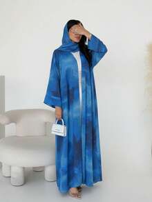 Set 2 pcs Hijab + Abaya Terbuka, Dubai Islami Muslim Motif Abstrak Gradien Depan Terbuka Lengan Panjang Longgar Gaya Kimono Konservatif, Pakaian Sehari-hari Muslim Islami Hijab Warna Senada untuk Wanita - MultiWarna - View 16