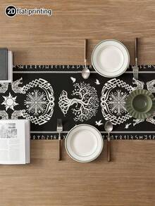 1pc, Theme Table Runner, Viking Style Printed Microwave Dust Cover, Protective Cover, Rectangular Tablecloth, Washable, Suitable For Home Dinner, Coffee Table, Kitchen And Dining Room Decor, Dining Table Decoration Party, Home Decor, Outdoor Patio Table Runner Decoration, Entryway Decor, Fireplace Cloth Decoration - Black - View 2