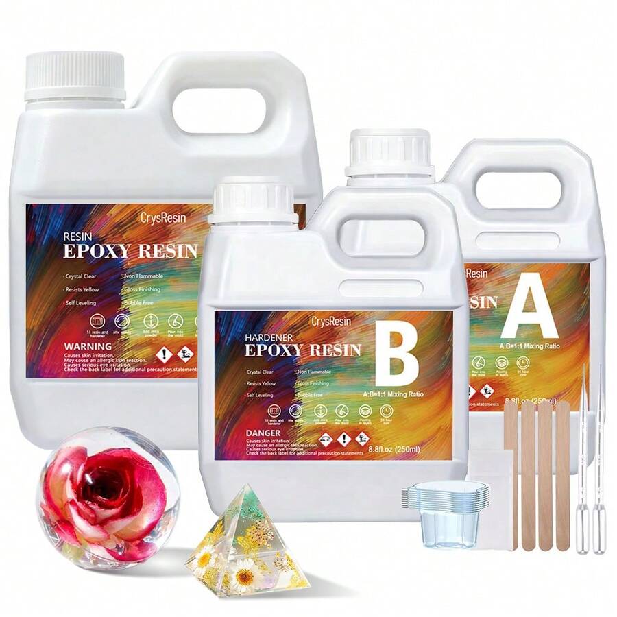 500ml/1000ml 水晶透明環氧樹脂套組 低氣味 抗UV AB膠 1:1混合 適用於DIY手工、杯墊、裝飾飾品、塗層