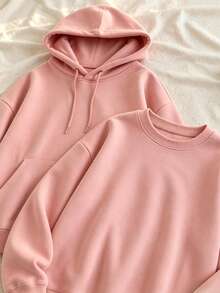 Women's Plus Size Pink Set, Comfortable Crew Neck Sweatshirt And Hoodie, Medium Stretch Regular Sleeve Top Elegant - Pink - View 7