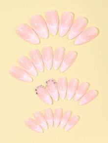 24Pcs Long Almond Press On Nails, Nude Double White Line French Fake Nails, Shiny Crystal Rhinestone Decor Glossy Acrylic Stick On Nails For Daily Wedding Party - Multicolor - View 3