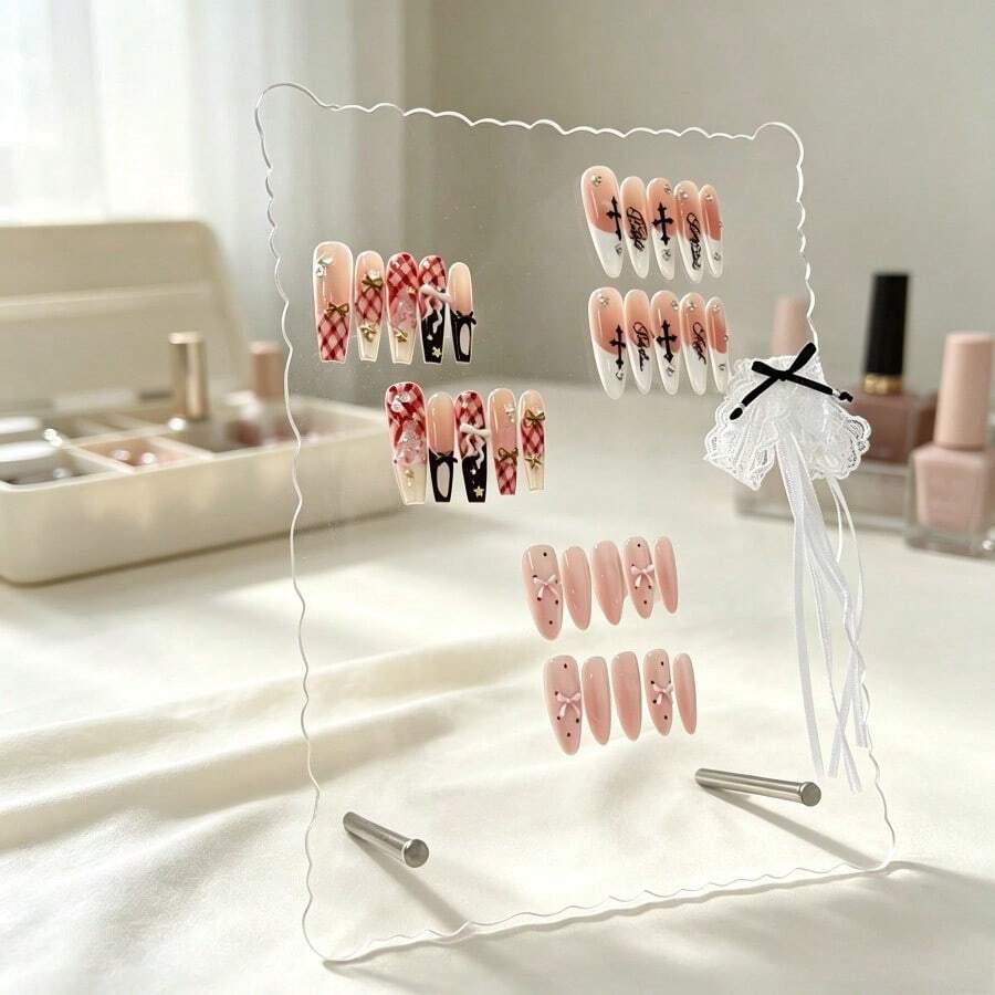 1件透明壓克力蝴蝶結裝飾美甲展示架,可穿戴美甲色卡展示架,美甲沙龍美甲攝影道具背景板,大容量假指甲樣品收納架 - 彩色 - 查看 1