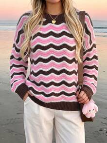 Sweater Rajut Bergelombang Gaya Preppy untuk Wanita, Lengan Panjang, Warna Pink dan Putih, Motif Gelombang, Pullover, Pakaian Musim Gugur untuk Wanita, Atasan Rajut - MultiWarna - View 3