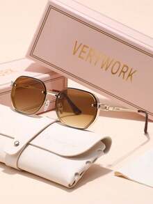 Verywork 1pc Personalized Geometric Brand Design Women's Sunglasses, Comes With Storage Case And Cleaning Cloth, Suitable For Beach Vacation, Street Fashion, Outdoor Travel, Driving Sun Protection And More - Multicolor - View 12