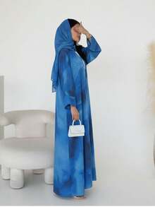 Set 2 pcs Hijab + Abaya Terbuka, Dubai Islami Muslim Motif Abstrak Gradien Depan Terbuka Lengan Panjang Longgar Gaya Kimono Konservatif, Pakaian Sehari-hari Muslim Islami Hijab Warna Senada untuk Wanita - MultiWarna - View 9