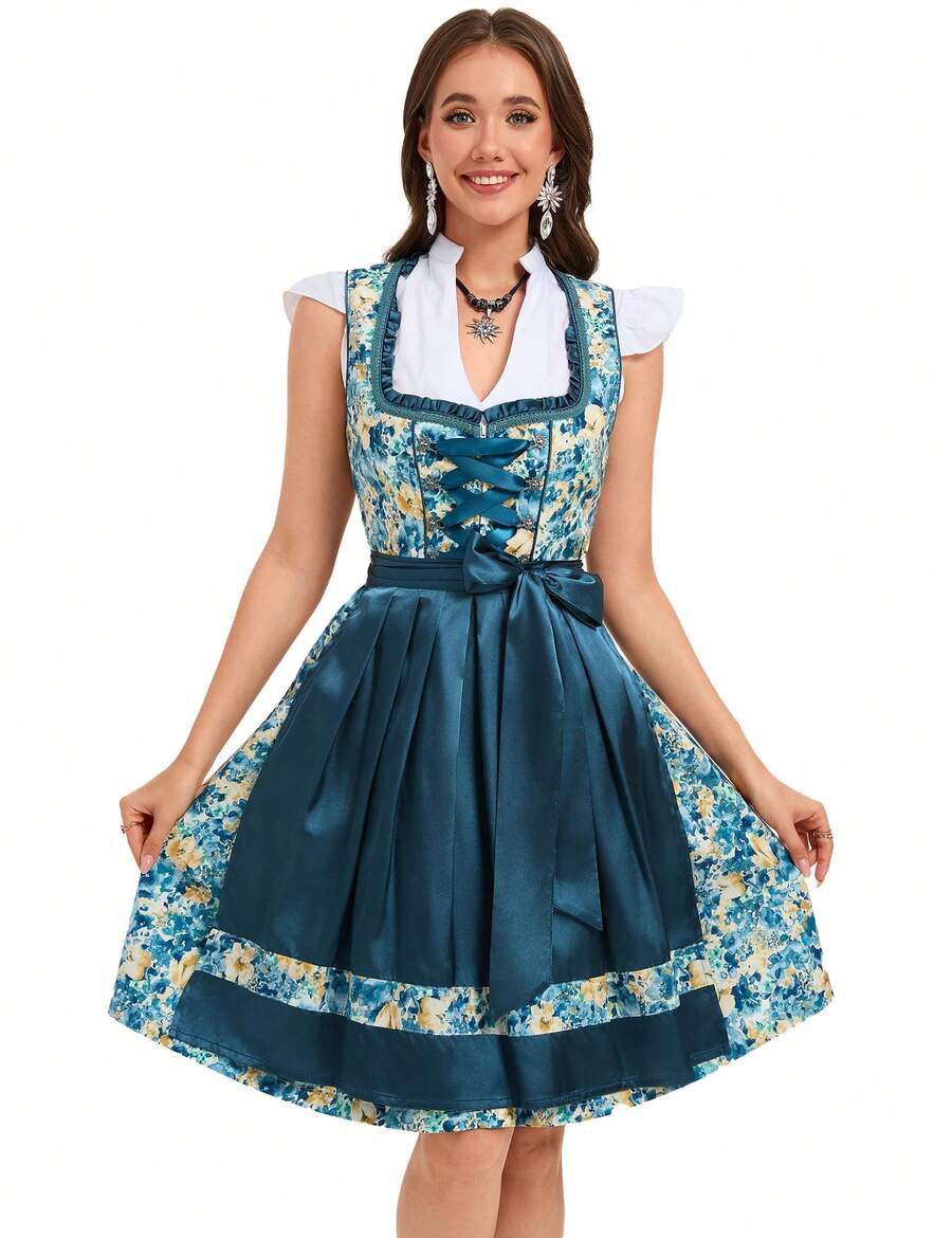YESFASHIONWomen's 3 Pieces German Beer Festival Outfit Floral Print Dirndl Costume Flutter Sleeve Blouse Ruffle Trim Front Lace Up Corset Dress - Peacock Blue - View 1