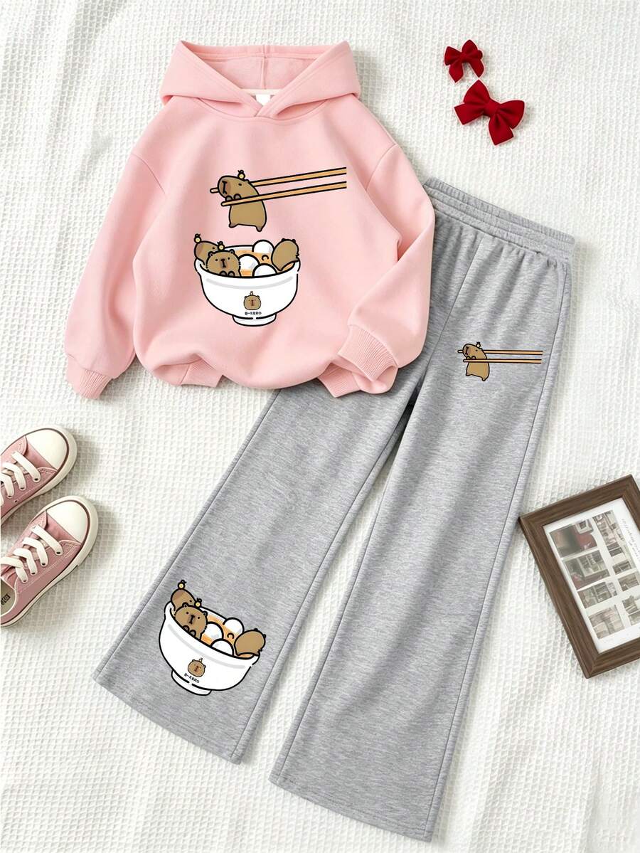 Girls Sweet Casual Capybara Cartoon Print Hoodie & Loose Pants 2-Piece Set, Autumn/Winter Daily Home & Outdoor - Pink - View 1