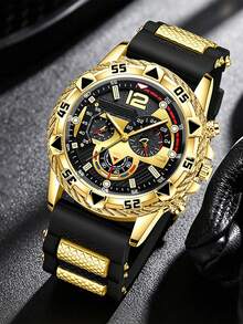 Men 5Pcs Gold Quartz Watch Jewelry Set,Silicone Strap Chronograph Large Dial Watch Cross Necklace Bracelet Ring Hip Hop Daily Gift Set - Set - View 2