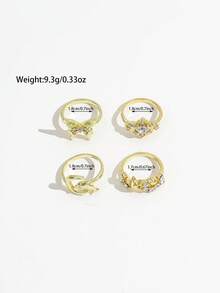 Juego de 4 anillos de estilo oceánico con mariposa, delfín, luna y strass, juego de anillos de estrella de mar dorada con strass de varias piezas, juego de anillos de strass versátil y de moda para mujeres - Dorado - Ver 6