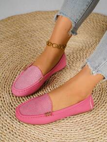 Comfortable Versatile Soft Flat Plus Size Loafers For Women, Autumn New Low Vamp Rhinestone Slouchy Slip-On Bean Loafers - Pink - View 1