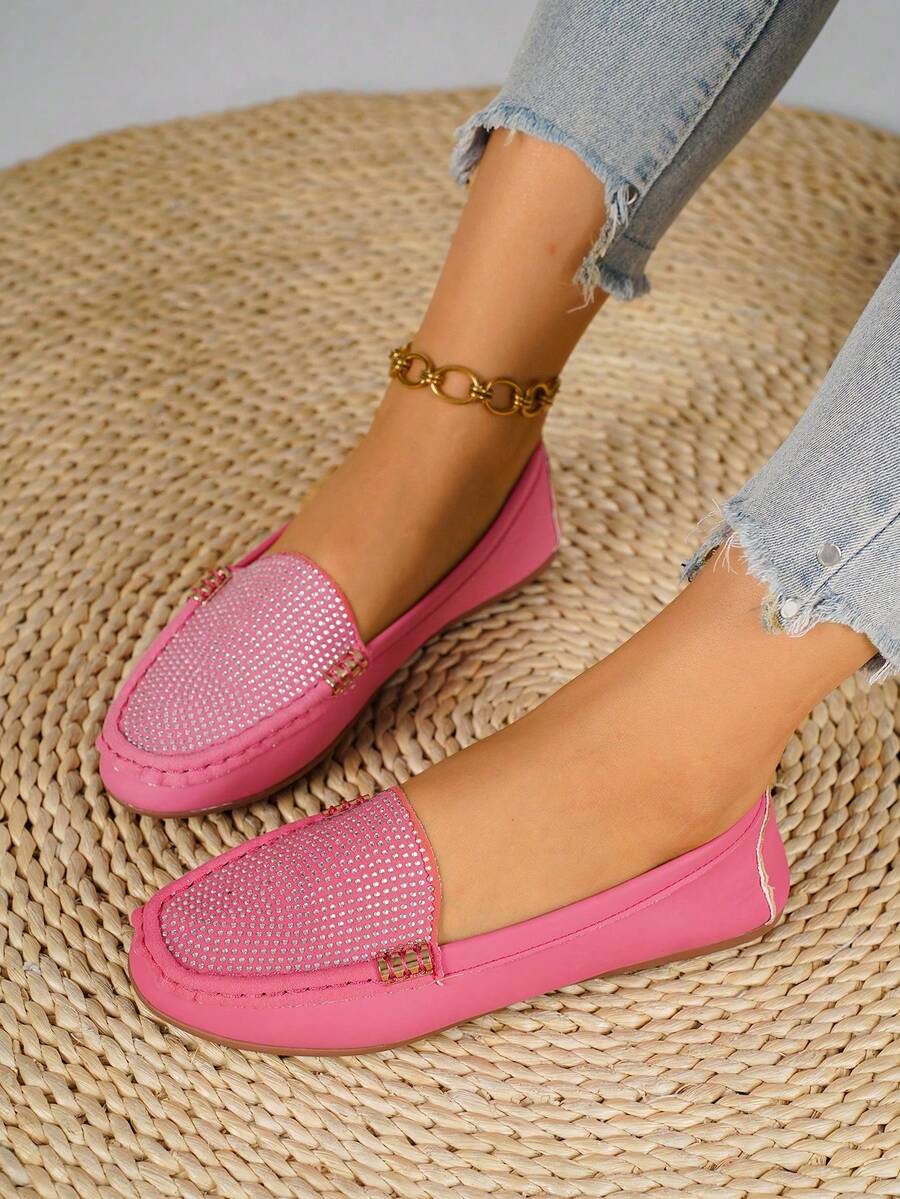 Comfortable Versatile Soft Flat Plus Size Loafers For Women, Autumn New Low Vamp Rhinestone Slouchy Slip-On Bean Loafers - Pink - View 1