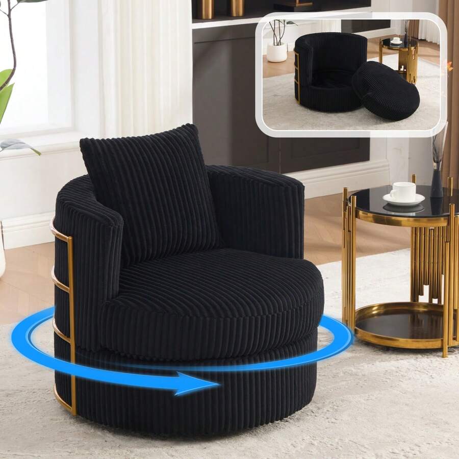 360° Sillón giratorio de ocio de pana, juego de 2, con reposabrazos acolchados con espuma de alta densidad, espacio de almacenamiento debajo del asiento; adecuado para dormitorio y sala de estar (pana gris) - Negro + Pana + 1 Asiento - Ver 1