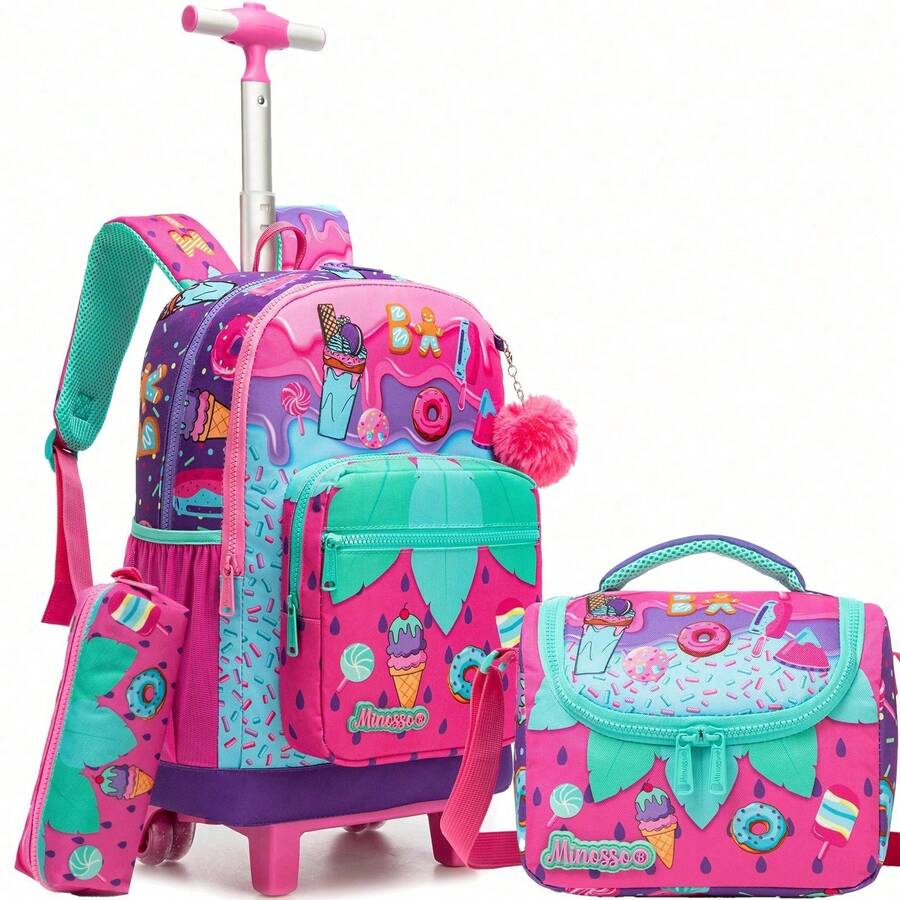 Girls Rolling Backpack, 3-In-1 Student Bag With Crossbody Bag And Pencil Case, Cute Rolling Student Backpack, Dual-Use Backpack With Silent Wheels And Telescopic Handle - Integrated Pull Rod - View 1