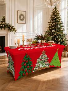 1pc Red Christmas Tree Print Fitted Tablecloth, Holiday Polyester Spandex Rectangular Full Coverage Elastic Tablecloth, Wrinkle-Resistant Protective Tablecloth, Suitable For Christmas Party Buffet Banquet Home Decor - Multicolor - View 7