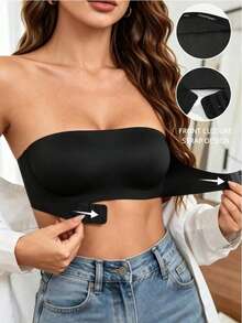 Women's Front-Closure Strapless Padded Bra, Seamless Wire-Free Lift And Push-Up Bra, Adds One Cup Size Invisible Bridal Wedding Lingerie - Black - View 1
