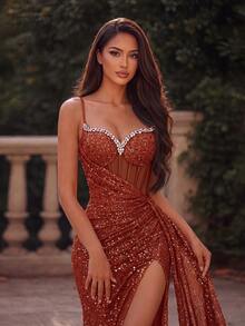 ADYCE Elegant Sequin Rhinestone Patchwork Fishbone High Waist High Slit Tie Backless Evening Gown Fall - Burnt Orange - View 5