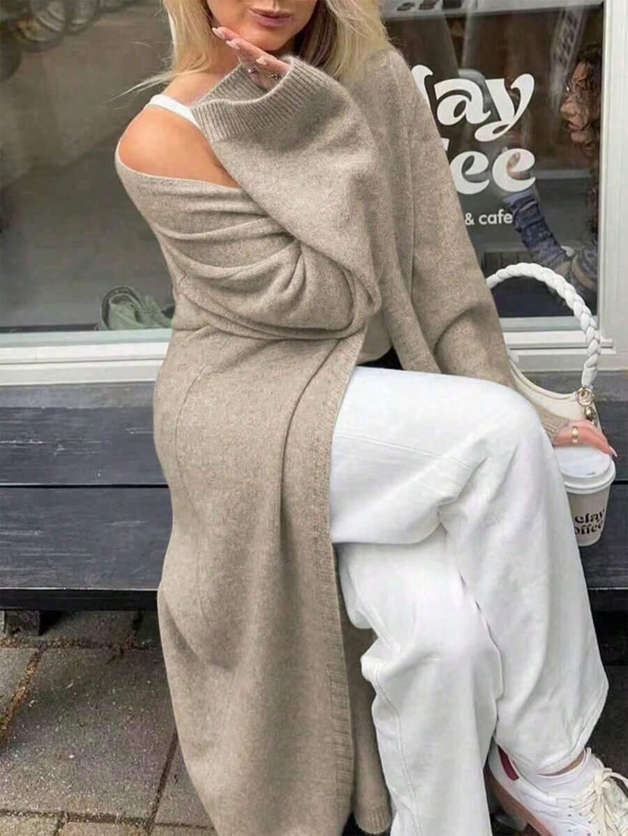 Women's Beige Ribbed Knit Long Cardigan, Large Lapel, Front Opening, Long Sleeve, Loose Fit, Suitable For Autumn/Winter - Apricot - View 1
