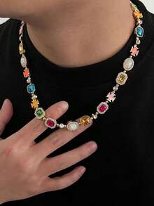 Minimalist Multi-Color Rhinestone Inlaid Hip Hop Cross Pendant Necklace, Suitable For Party, Streetwear And Holiday Wear - Multicolor - View 5