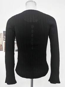 Atasan Rajut Slim Fit Terbaru Musim Gugur dengan Hiasan Pita dan Lubang, Warna Hitam - Hitam - View 8