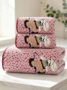 3/2/1件 約14*29in/28*55in 粉色豹紋毛巾，可愛刺繡兔子圖案珊瑚絨浴巾+面巾，超柔軟高吸水快乾厚實不掉毛，適用於浴室、居家、旅行、開學季 - 粉色 - 查看 5