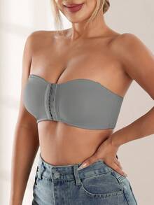 CELILIN Grey Front Closure Strapless Bandeau Bra For Women, Anti-Slip Non-Slip Push-Up Skin-Friendly Seamless Bandage - Grey - View 7