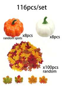 116pcs/Set Halloween Thanksgiving Artificial Pumpkin With Autumn Maple Leaf Decoration Set, Orange And White Realistic Pumpkins, Farmhouse Style Table, Mantel, Wall, Shelf Decor Autumn Theme Ornaments, Autumn Party Photo Props, Indoor Home Holiday Decoration Supplies - A - View 10